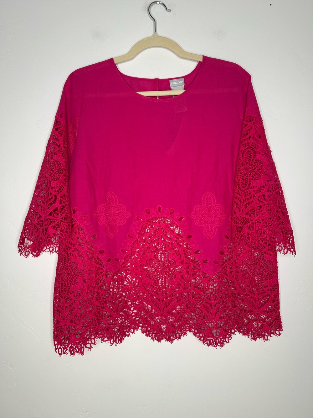 NWT Chico's Hot Pink Crochet Lace Hem Popover Blouse 3/4 Sleeves Sizeβ 12/14